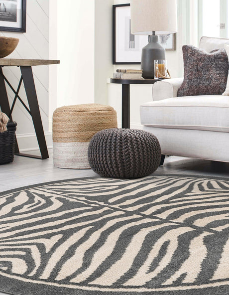 Gray and Ivory 4' 1 x 4' 1 Wildlife Round Area Rug Animal Print Safari Jungle Inspired Carpet for Unique Modern Interior Design for Sale at Rug Engine