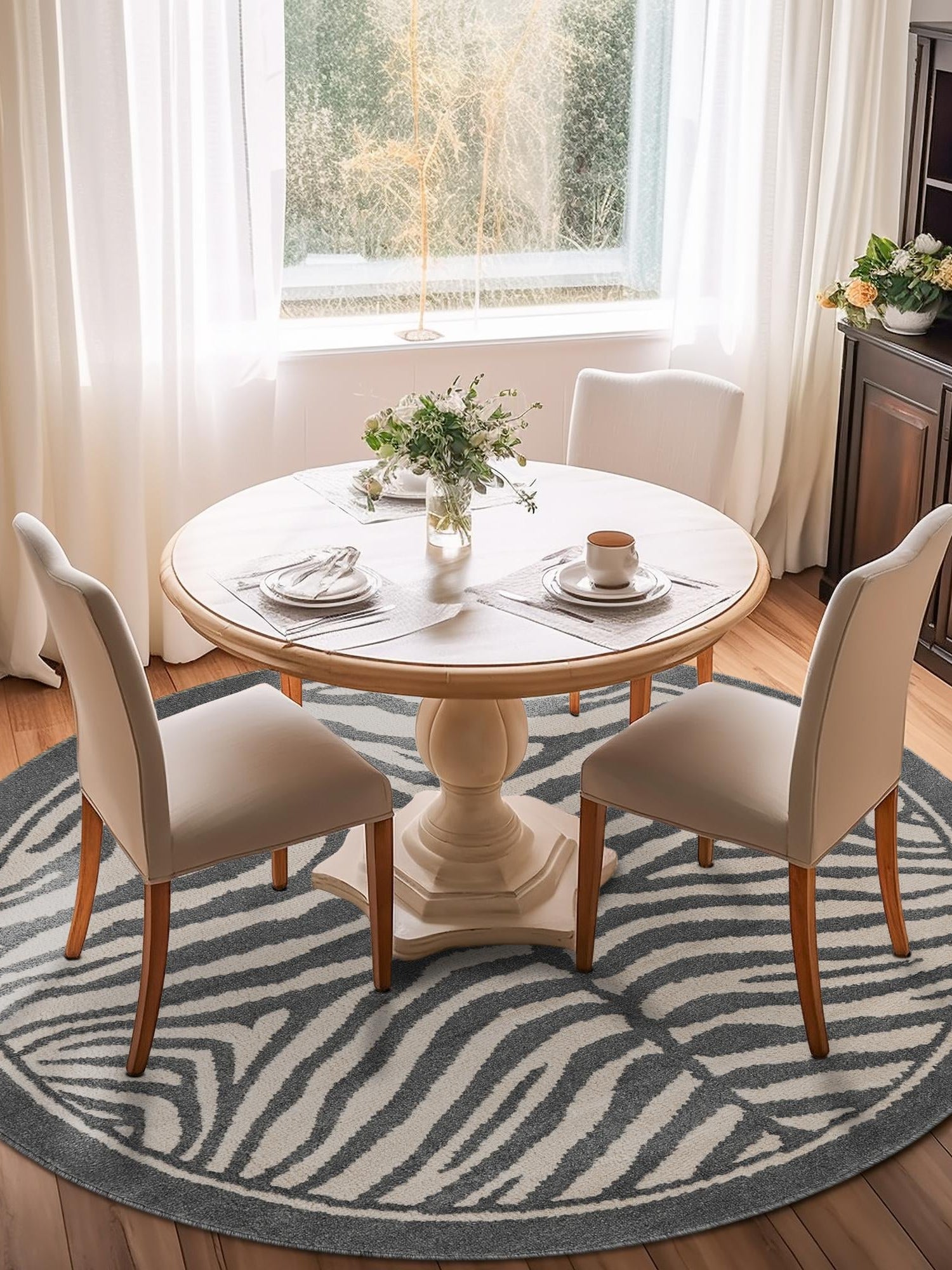 Gray and Ivory 10' x 10' Wildlife Round Area Rug Animal Print Safari Jungle Inspired Carpet for Unique Modern Interior Design for Sale at Rug Engine