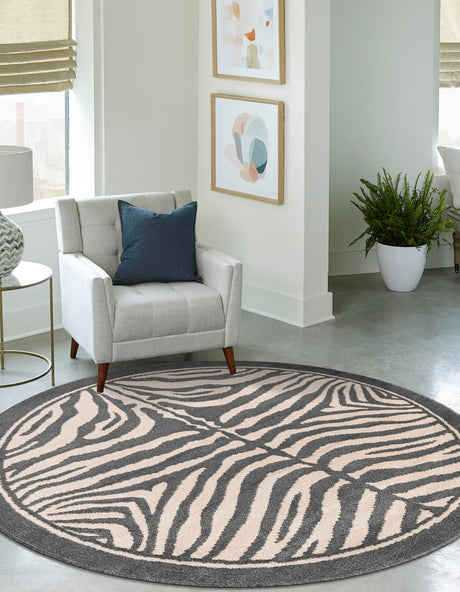 Gray and Ivory 3' 1 x 3' 1 Wildlife Round Area Rug Animal Print Safari Jungle Inspired Carpet for Unique Modern Interior Design for Sale at Rug Engine