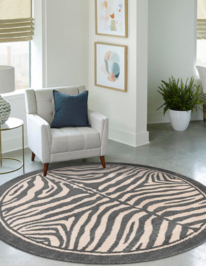 Gray and Ivory 7' 10 x 7' 10 Wildlife Round Area Rug Animal Print Safari Jungle Inspired Carpet for Unique Modern Interior Design for Sale at Rug Engine