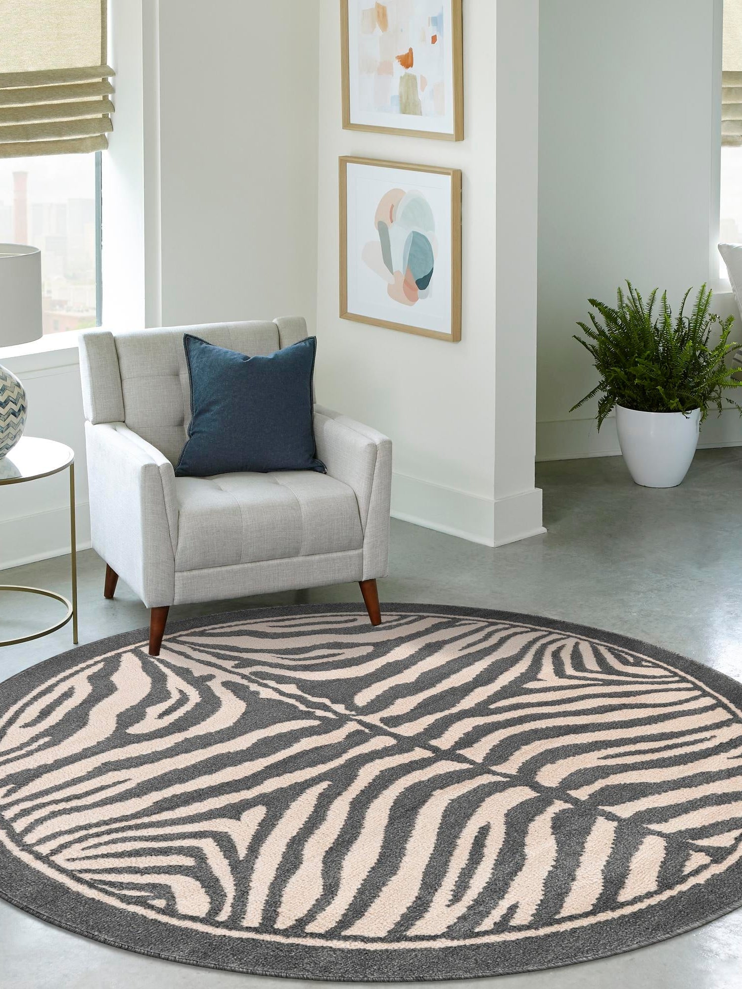Gray and Ivory 10' x 10' Wildlife Round Area Rug Animal Print Safari Jungle Inspired Carpet for Unique Modern Interior Design for Sale at Rug Engine