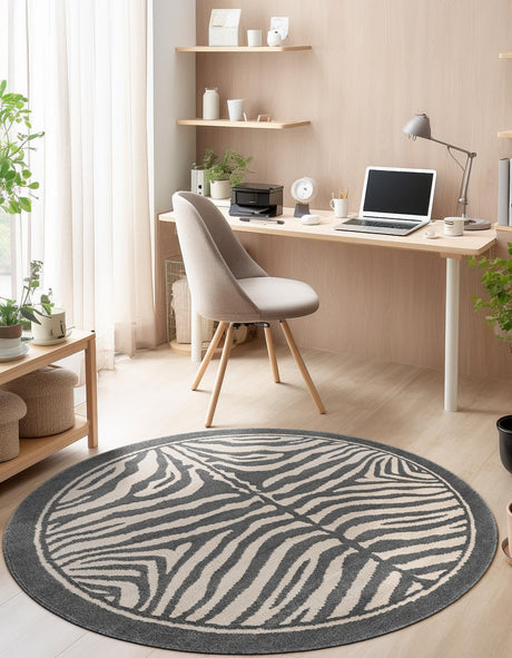 Gray and Ivory 3' 1 x 3' 1 Wildlife Round Area Rug Animal Print Safari Jungle Inspired Carpet for Unique Modern Interior Design for Sale at Rug Engine