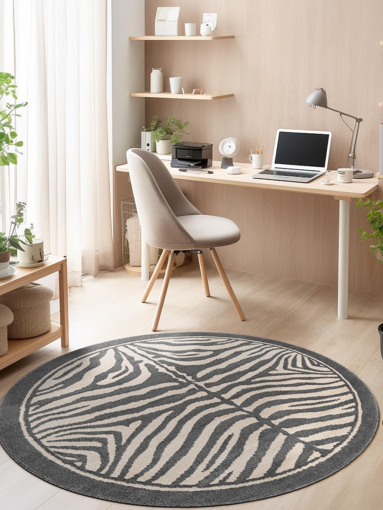 Gray and Ivory 7' 10 x 7' 10 Wildlife Round Area Rug Animal Print Safari Jungle Inspired Carpet for Unique Modern Interior Design for Sale at Rug Engine