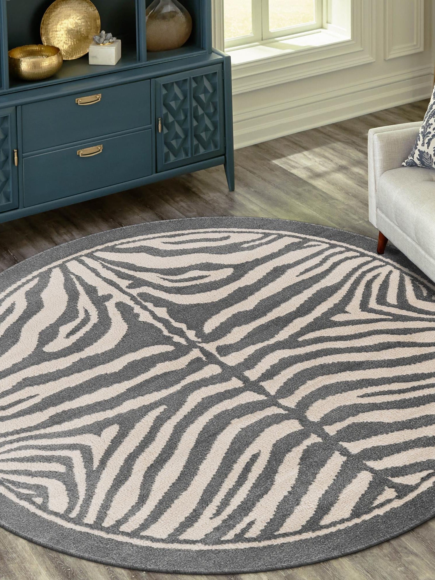 Gray and Ivory 7' 10 x 7' 10 Wildlife Round Area Rug Animal Print Safari Jungle Inspired Carpet for Unique Modern Interior Design for Sale at Rug Engine