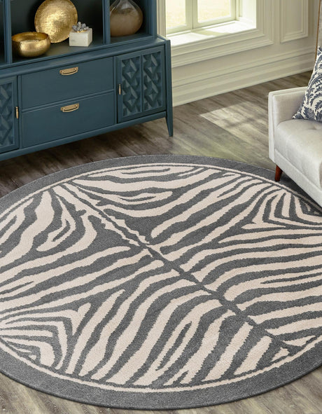 Gray and Ivory 10' x 10' Wildlife Round Area Rug Animal Print Safari Jungle Inspired Carpet for Unique Modern Interior Design for Sale at Rug Engine