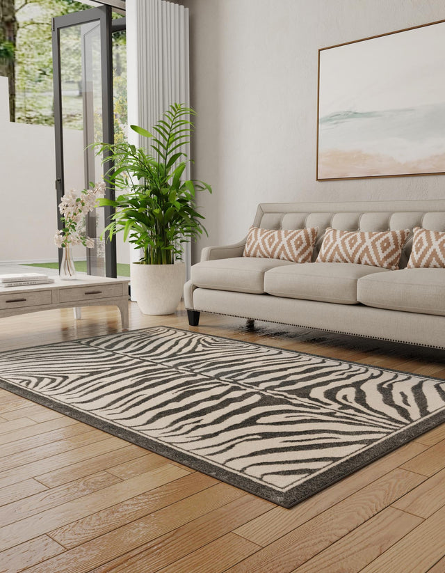 Gray and Ivory 5' 1 x 8' Wildlife Rectangle Area Rug Animal Print Safari Jungle Inspired Carpet for Unique Modern Interior Design for Sale at Rug Engine