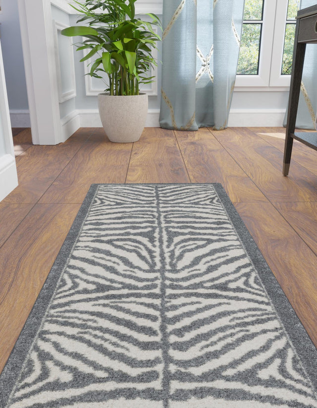 Gray and Ivory 2' x 8' Wildlife Runner Area Rug Animal Print Safari Jungle Inspired Carpet for Unique Modern Interior Design for Sale at Rug Engine
