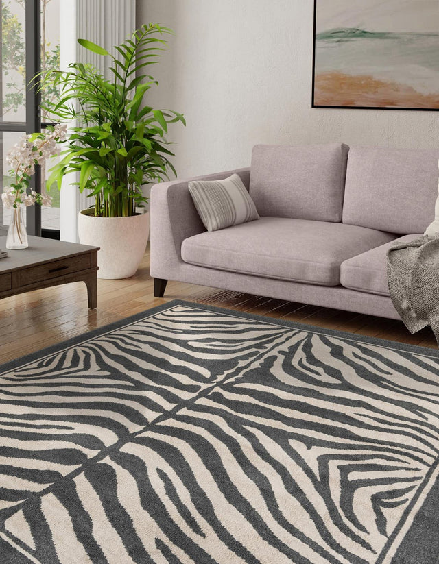 Gray and Ivory 10' x 10' Wildlife Square Area Rug Animal Print Safari Jungle Inspired Carpet for Unique Modern Interior Design for Sale at Rug Engine