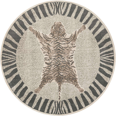 Gray and Ivory 10' x 10' Wildlife Round Area Rug Animal Print Safari Jungle Inspired Carpet for Unique Modern Interior Design for Sale at Rug Engine