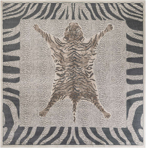 Gray and Ivory 10' x 10' Wildlife Square Area Rug Animal Print Safari Jungle Inspired Carpet for Unique Modern Interior Design for Sale at Rug Engine