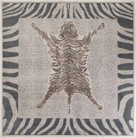 Gray and Ivory 10' x 10' Wildlife Square Area Rug Animal Print Safari Jungle Inspired Carpet for Unique Modern Interior Design for Sale at Rug Engine