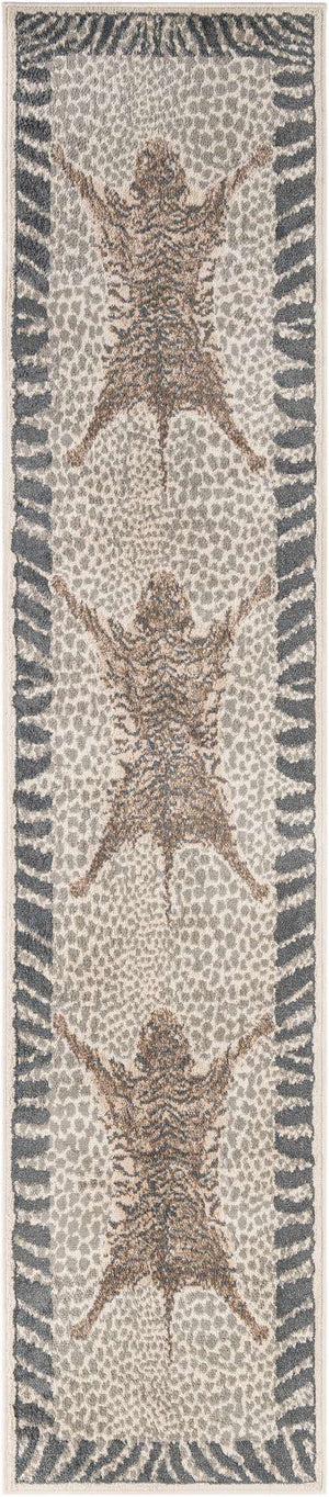 Gray and Ivory 2' 7 x 12' Wildlife Runner Area Rug Animal Print Safari Jungle Inspired Carpet for Unique Modern Interior Design for Sale at Rug Engine