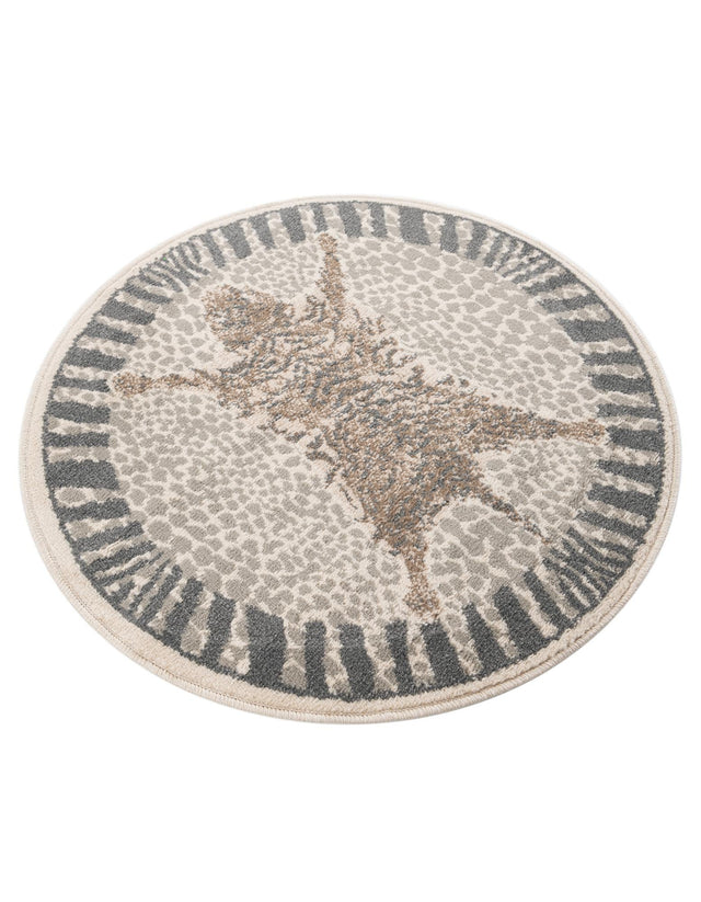 Gray and Ivory 3' 1 x 3' 1 Wildlife Round Area Rug Animal Print Safari Jungle Inspired Carpet for Unique Modern Interior Design for Sale at Rug Engine