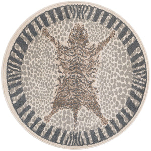 Gray and Ivory 3' 1 x 3' 1 Wildlife Round Area Rug Animal Print Safari Jungle Inspired Carpet for Unique Modern Interior Design for Sale at Rug Engine