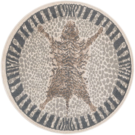 Gray and Ivory 3' 1 x 3' 1 Wildlife Round Area Rug Animal Print Safari Jungle Inspired Carpet for Unique Modern Interior Design for Sale at Rug Engine