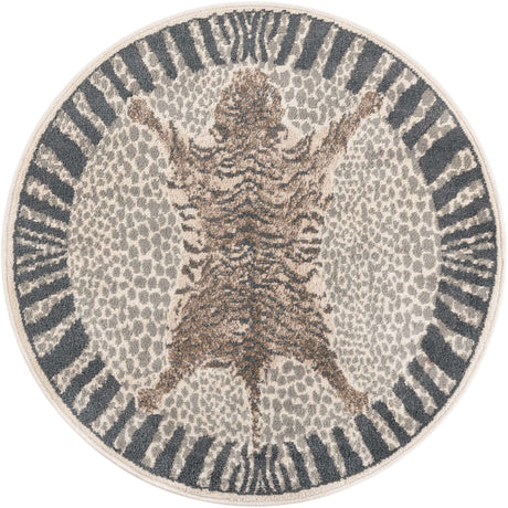 Gray and Ivory 4' 1 x 4' 1 Wildlife Round Area Rug Animal Print Safari Jungle Inspired Carpet for Unique Modern Interior Design for Sale at Rug Engine
