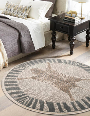 Gray and Ivory 3' 1 x 3' 1 Wildlife Round Area Rug Animal Print Safari Jungle Inspired Carpet for Unique Modern Interior Design for Sale at Rug Engine