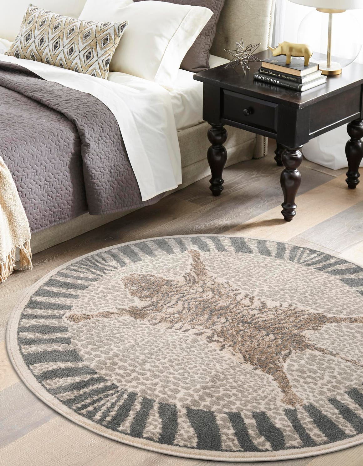 Gray and Ivory 10' x 10' Wildlife Round Area Rug Animal Print Safari Jungle Inspired Carpet for Unique Modern Interior Design for Sale at Rug Engine