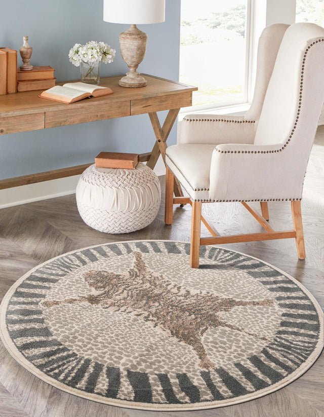 Gray and Ivory 3' 1 x 3' 1 Wildlife Round Area Rug Animal Print Safari Jungle Inspired Carpet for Unique Modern Interior Design for Sale at Rug Engine