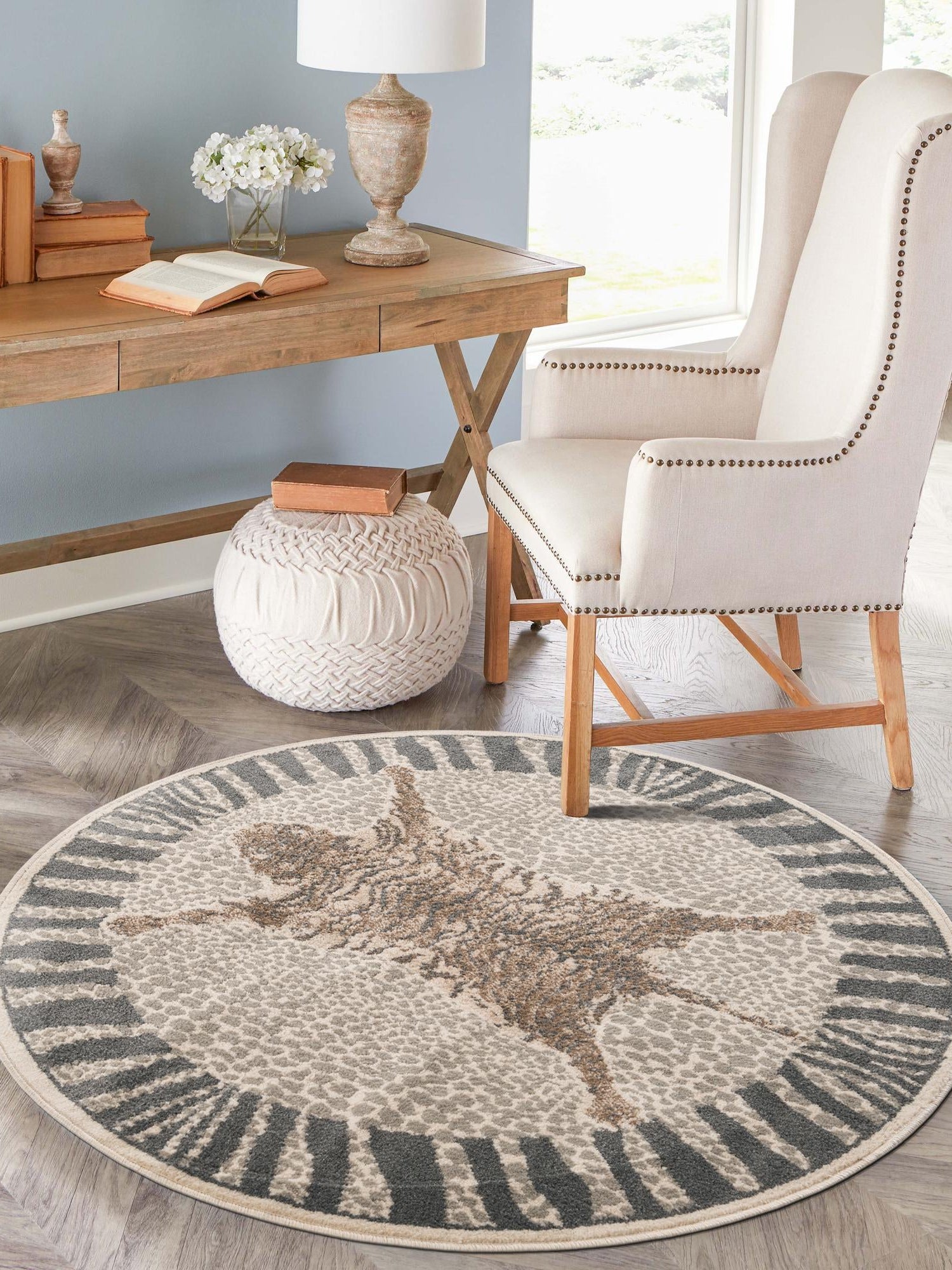 Gray and Ivory 4' 1 x 4' 1 Wildlife Round Area Rug Animal Print Safari Jungle Inspired Carpet for Unique Modern Interior Design for Sale at Rug Engine
