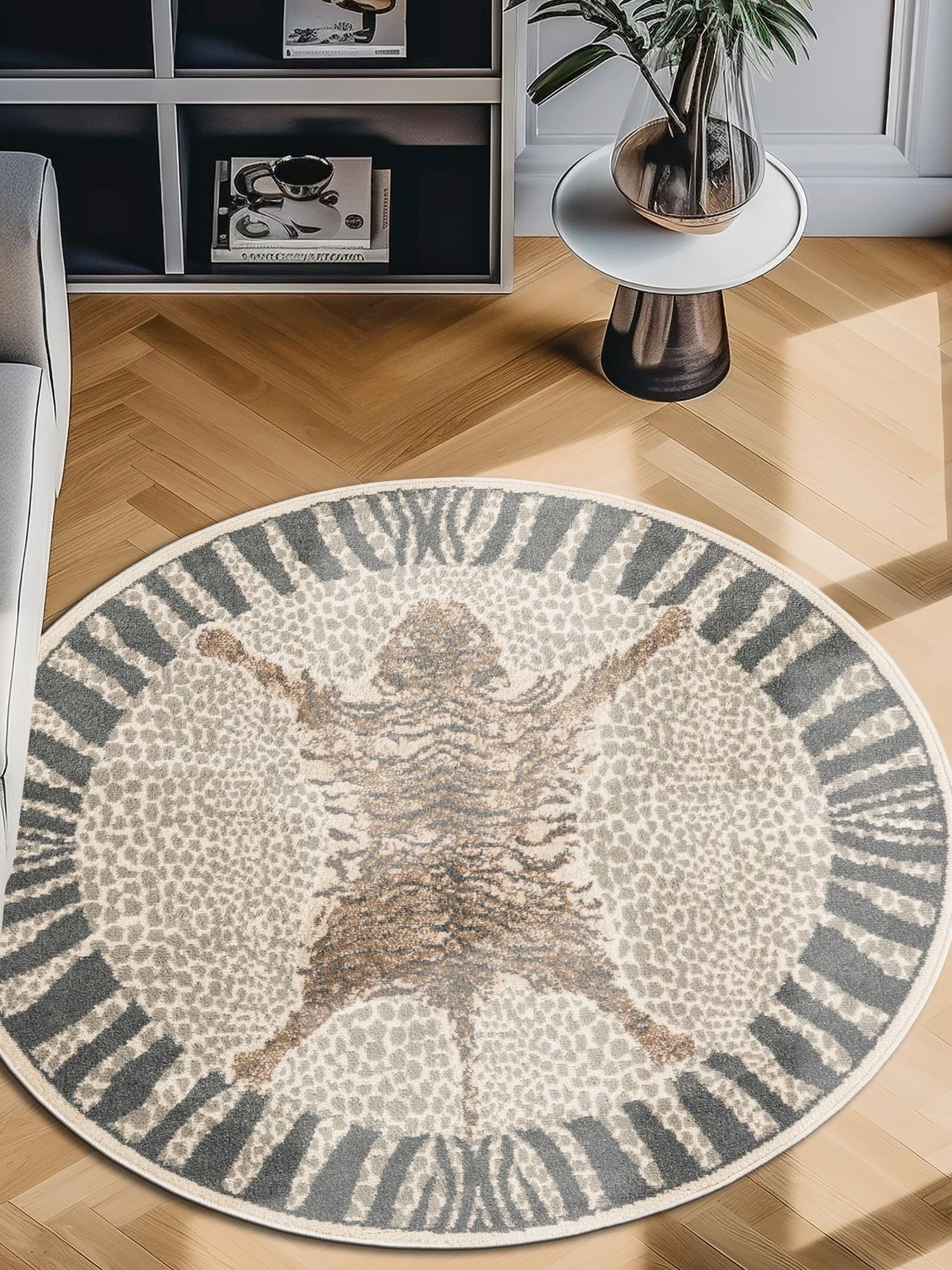 Gray and Ivory 7' 10 x 7' 10 Wildlife Round Area Rug Animal Print Safari Jungle Inspired Carpet for Unique Modern Interior Design for Sale at Rug Engine