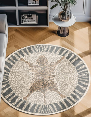 Gray and Ivory 4' 1 x 4' 1 Wildlife Round Area Rug Animal Print Safari Jungle Inspired Carpet for Unique Modern Interior Design for Sale at Rug Engine
