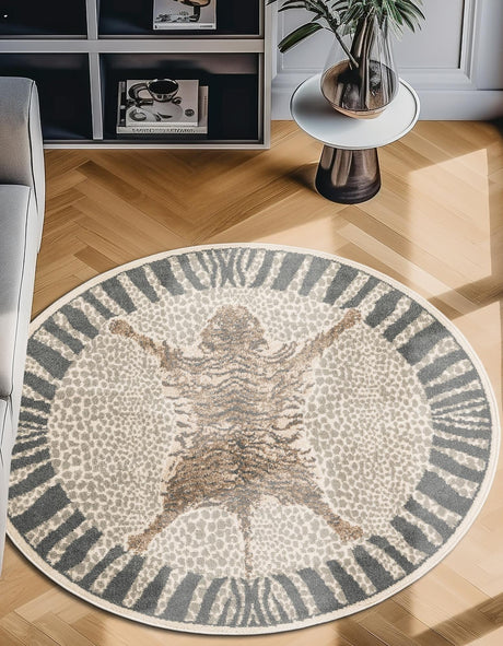 Gray and Ivory 4' 1 x 4' 1 Wildlife Round Area Rug Animal Print Safari Jungle Inspired Carpet for Unique Modern Interior Design for Sale at Rug Engine