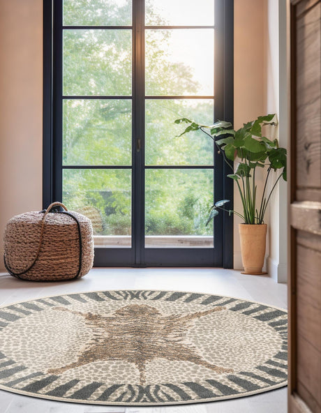 Gray and Ivory 3' 1 x 3' 1 Wildlife Round Area Rug Animal Print Safari Jungle Inspired Carpet for Unique Modern Interior Design for Sale at Rug Engine