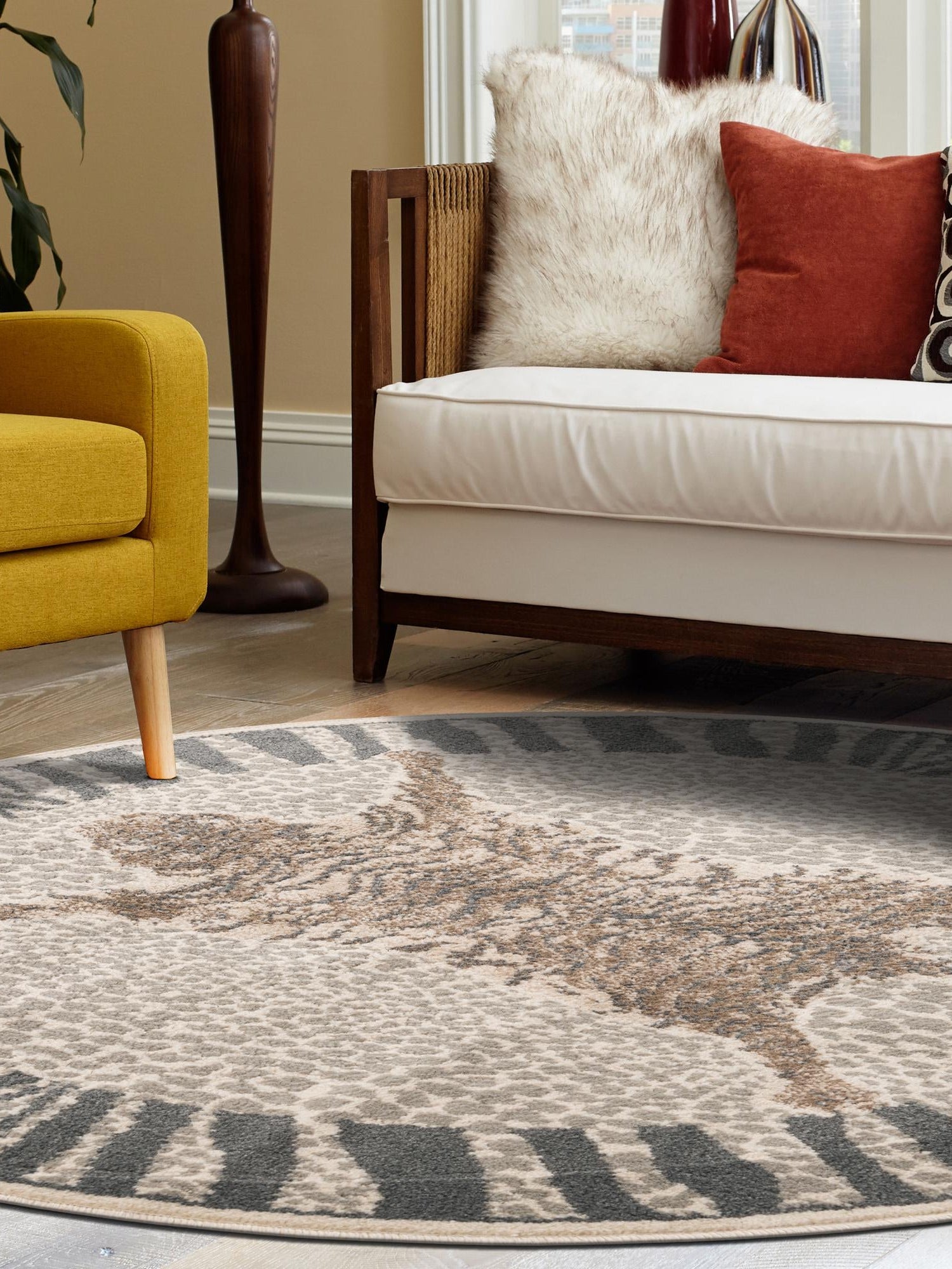 Gray and Ivory 7' 10 x 7' 10 Wildlife Round Area Rug Animal Print Safari Jungle Inspired Carpet for Unique Modern Interior Design for Sale at Rug Engine