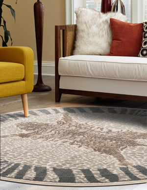 Gray and Ivory 7' 10 x 7' 10 Wildlife Round Area Rug Animal Print Safari Jungle Inspired Carpet for Unique Modern Interior Design for Sale at Rug Engine