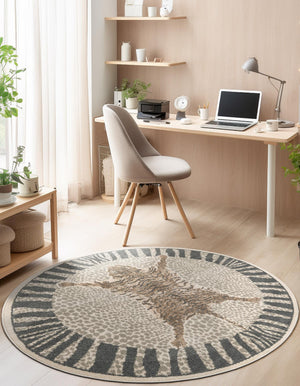Gray and Ivory 3' 1 x 3' 1 Wildlife Round Area Rug Animal Print Safari Jungle Inspired Carpet for Unique Modern Interior Design for Sale at Rug Engine