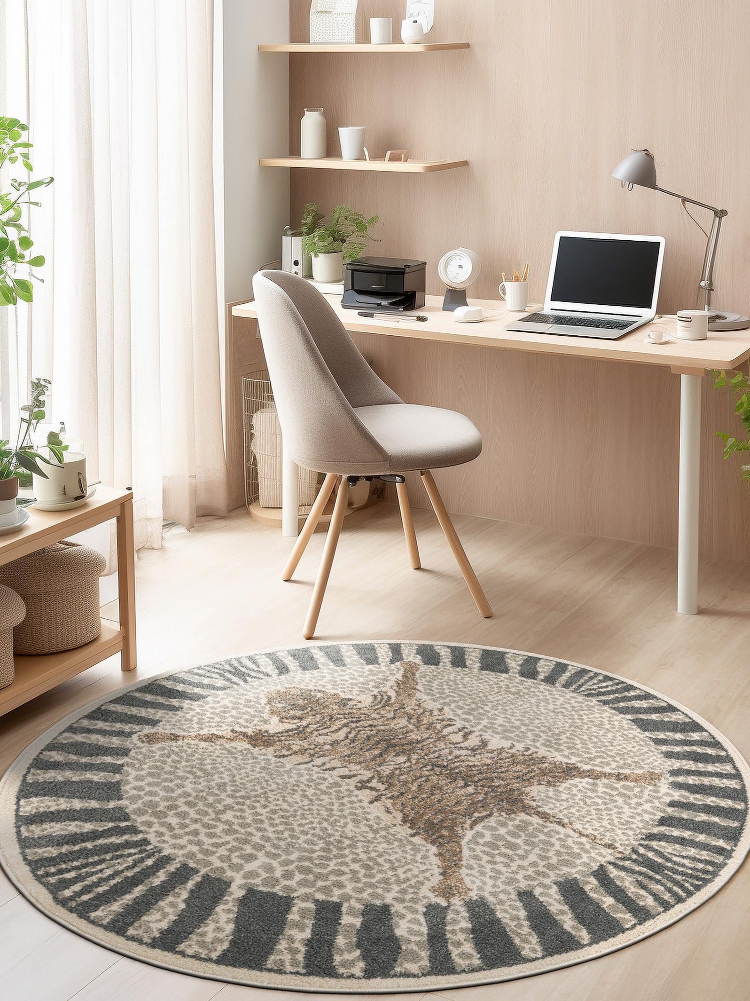 Gray and Ivory 10' x 10' Wildlife Round Area Rug Animal Print Safari Jungle Inspired Carpet for Unique Modern Interior Design for Sale at Rug Engine