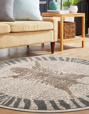 Gray and Ivory 3' 1 x 3' 1 Wildlife Round Area Rug Animal Print Safari Jungle Inspired Carpet for Unique Modern Interior Design for Sale at Rug Engine