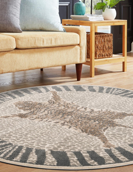 Gray and Ivory 3' 1 x 3' 1 Wildlife Round Area Rug Animal Print Safari Jungle Inspired Carpet for Unique Modern Interior Design for Sale at Rug Engine
