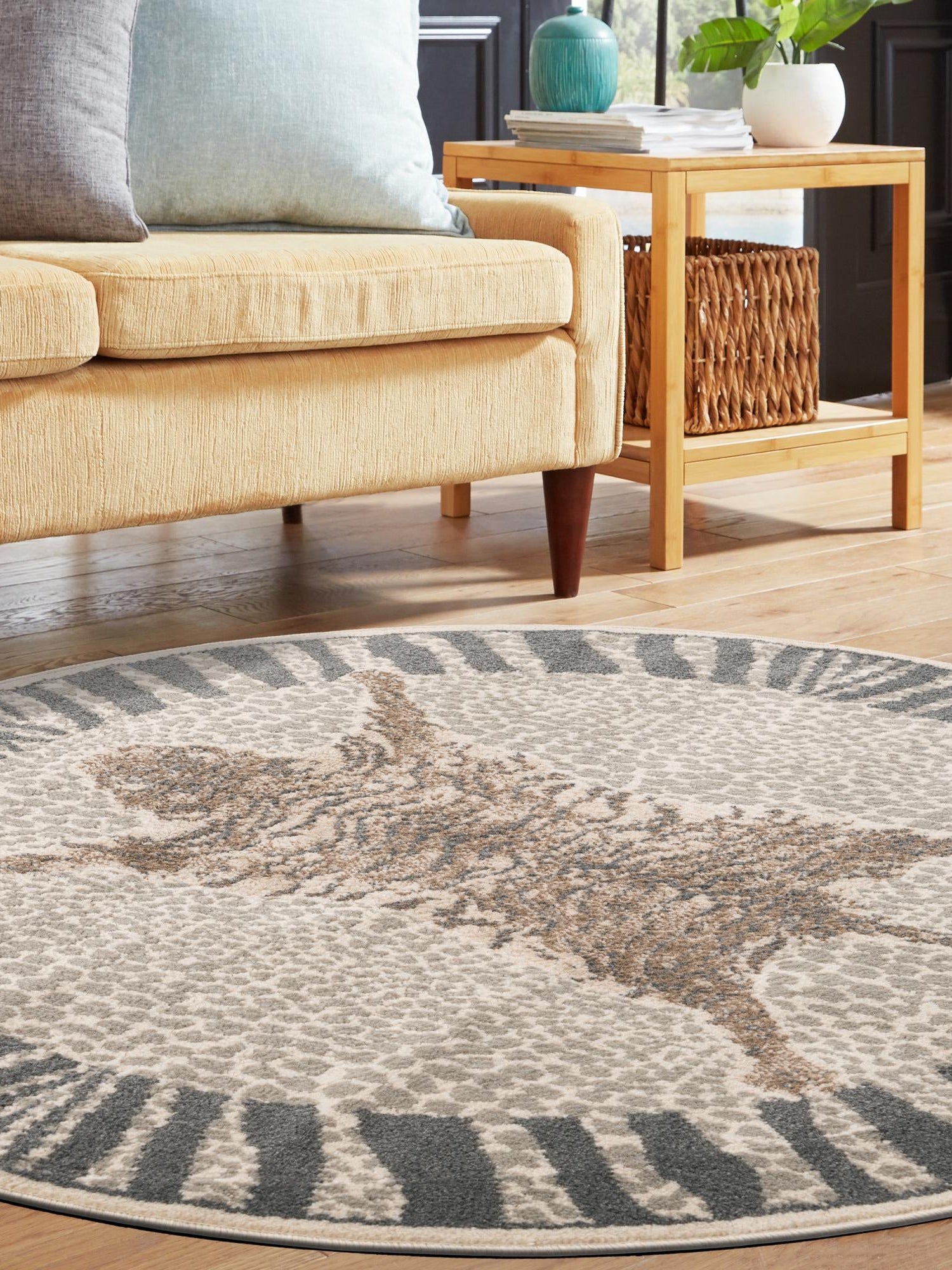 Gray and Ivory 10' x 10' Wildlife Round Area Rug Animal Print Safari Jungle Inspired Carpet for Unique Modern Interior Design for Sale at Rug Engine