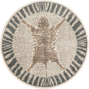Gray and Ivory 5' 1 x 5' 1 Wildlife Round Area Rug Animal Print Safari Jungle Inspired Carpet for Unique Modern Interior Design for Sale at Rug Engine
