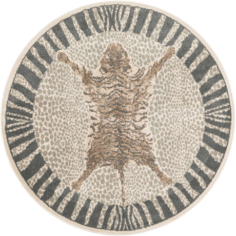 Gray and Ivory 5' 1 x 5' 1 Wildlife Round Area Rug Animal Print Safari Jungle Inspired Carpet for Unique Modern Interior Design for Sale at Rug Engine