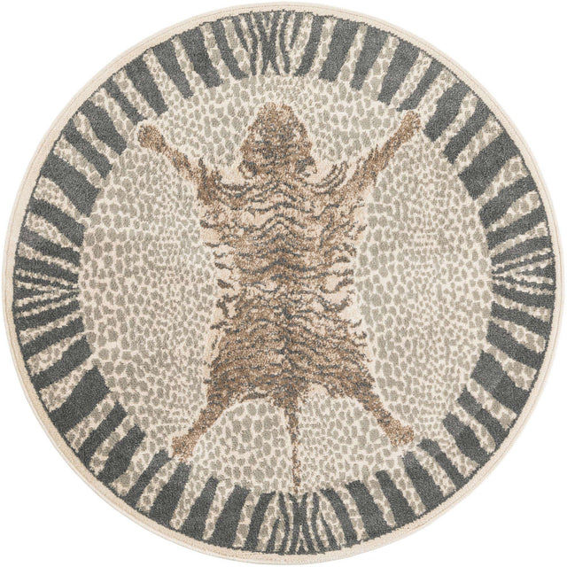 Gray and Ivory 5' 1 x 5' 1 Wildlife Round Area Rug Animal Print Safari Jungle Inspired Carpet for Unique Modern Interior Design for Sale at Rug Engine
