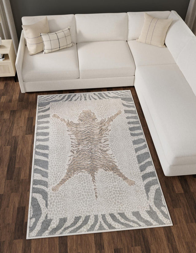 Gray and Ivory 2' x 3' 1 Wildlife Rectangle Area Rug Animal Print Safari Jungle Inspired Carpet for Unique Modern Interior Design for Sale at Rug Engine