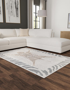 Gray and Ivory 4' 1 x 6' 1 Wildlife Rectangle Area Rug Animal Print Safari Jungle Inspired Carpet for Unique Modern Interior Design for Sale at Rug Engine