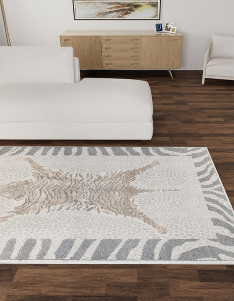 Gray and Ivory 10' x 14' 1 Wildlife Rectangle Area Rug Animal Print Safari Jungle Inspired Carpet for Unique Modern Interior Design for Sale at Rug Engine