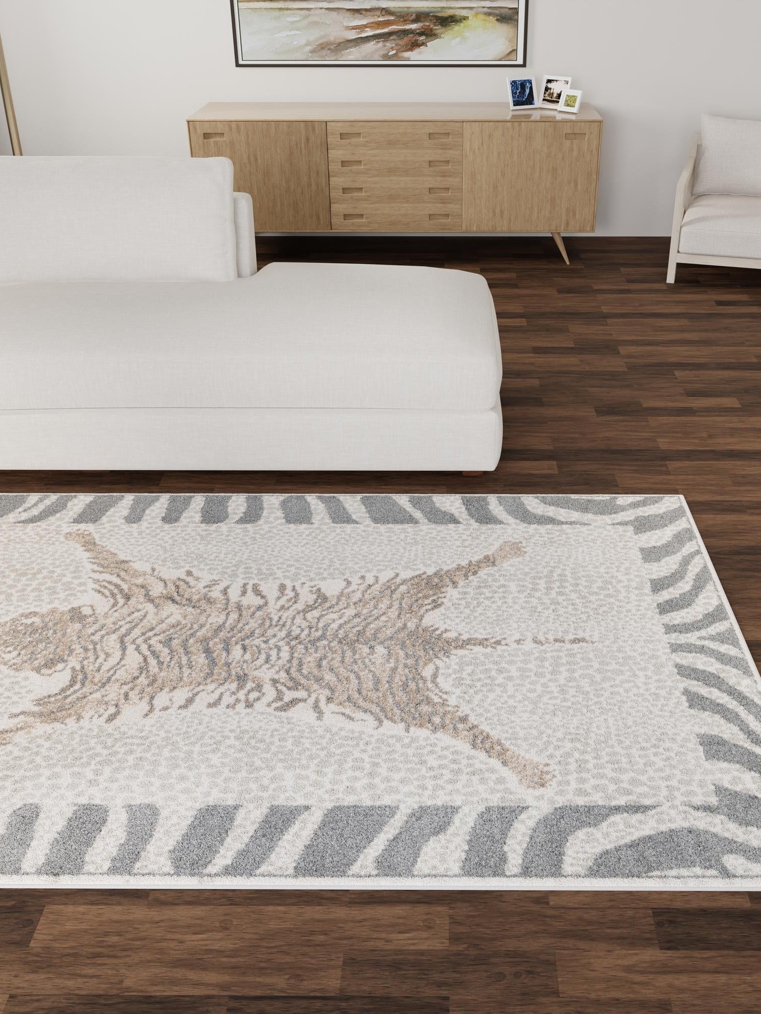 Gray and Ivory 4' 1 x 6' 1 Wildlife Rectangle Area Rug Animal Print Safari Jungle Inspired Carpet for Unique Modern Interior Design for Sale at Rug Engine