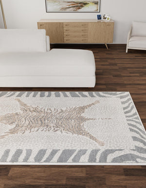 Gray and Ivory 9' x 12' Wildlife Rectangle Area Rug Animal Print Safari Jungle Inspired Carpet for Unique Modern Interior Design for Sale at Rug Engine