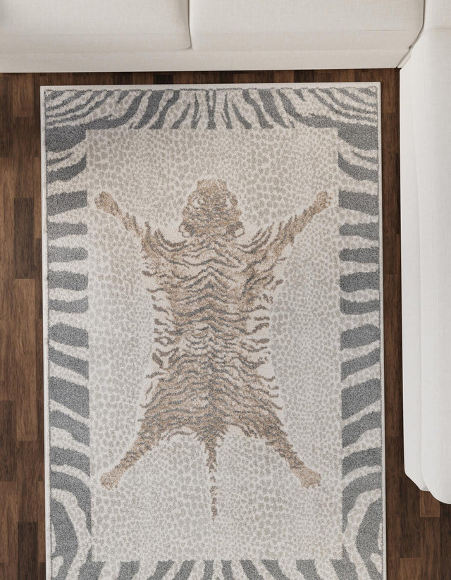 Gray and Ivory 6' 1 x 9' Wildlife Rectangle Area Rug Animal Print Safari Jungle Inspired Carpet for Unique Modern Interior Design for Sale at Rug Engine