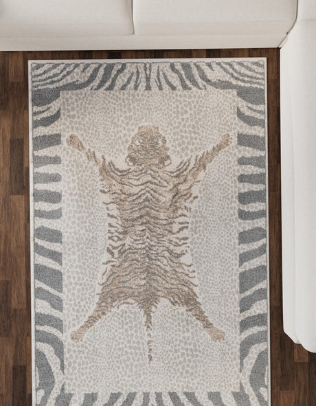 Gray and Ivory 9' x 12' Wildlife Rectangle Area Rug Animal Print Safari Jungle Inspired Carpet for Unique Modern Interior Design for Sale at Rug Engine