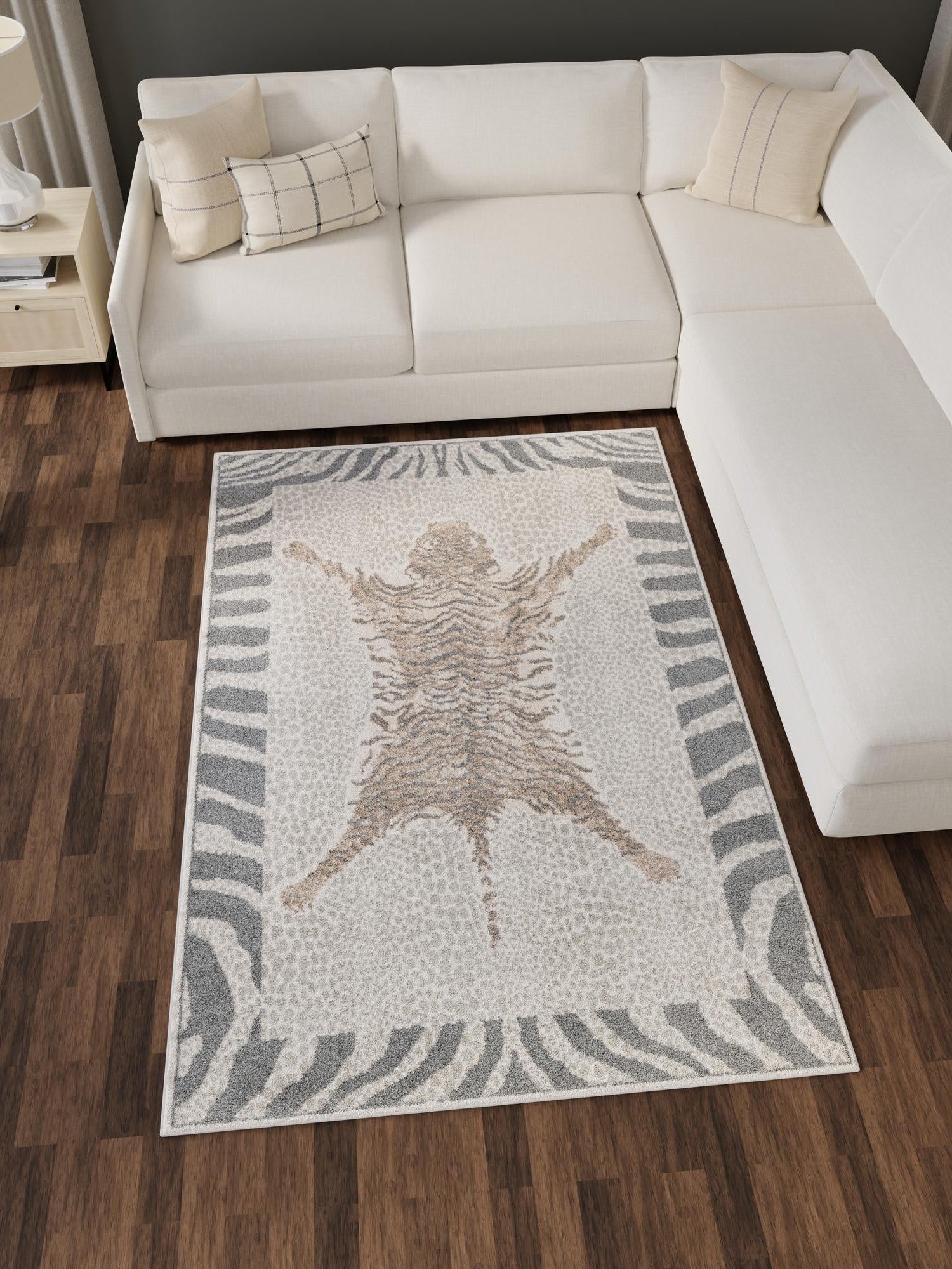 Gray and Ivory 9' x 12' Wildlife Rectangle Area Rug Animal Print Safari Jungle Inspired Carpet for Unique Modern Interior Design for Sale at Rug Engine