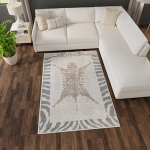 Gray and Ivory 9' x 12' Wildlife Rectangle Area Rug Animal Print Safari Jungle Inspired Carpet for Unique Modern Interior Design for Sale at Rug Engine