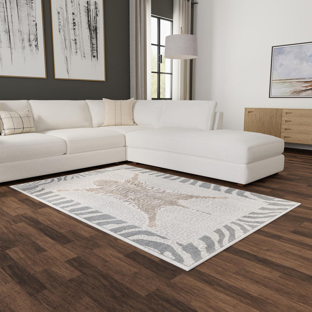 Gray and Ivory 6' 1 x 9' Wildlife Rectangle Area Rug Animal Print Safari Jungle Inspired Carpet for Unique Modern Interior Design for Sale at Rug Engine