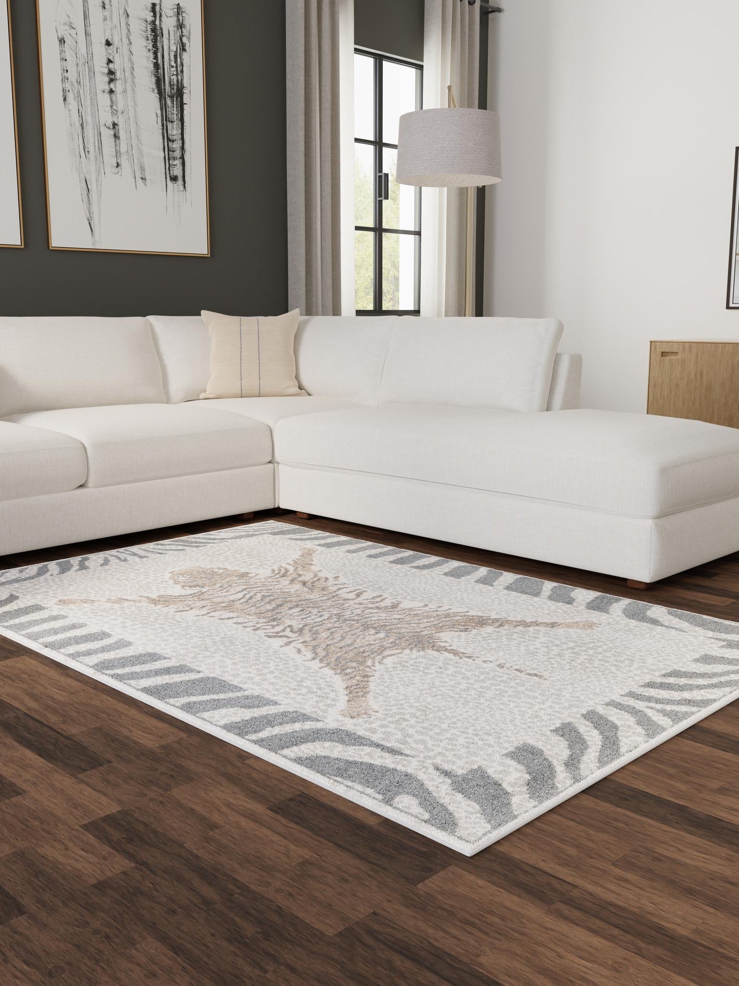 Gray and Ivory 9' x 12' Wildlife Rectangle Area Rug Animal Print Safari Jungle Inspired Carpet for Unique Modern Interior Design for Sale at Rug Engine