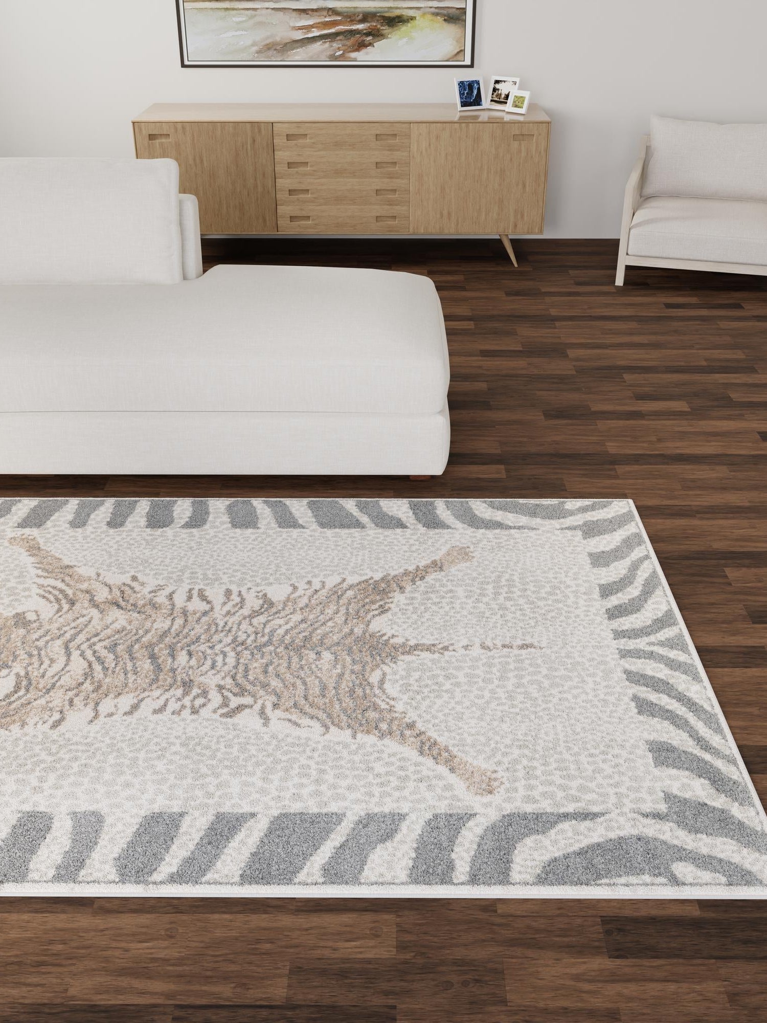 Gray and Ivory 9' x 12' Wildlife Rectangle Area Rug Animal Print Safari Jungle Inspired Carpet for Unique Modern Interior Design for Sale at Rug Engine